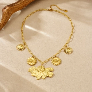Vintage gold plated stainless steel necklace with sunflower and sun face pendants