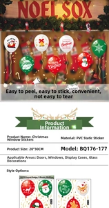 Detail of PVC static Christmas stickers with Santa Claus and reindeer for holiday glass decor