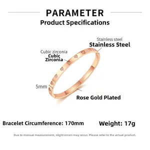 Detailed view of rose gold stainless steel heart bangle with diamond-inlaid zircons