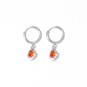 Elegant silver stainless steel hoop earrings with orange oval zircon stone charms