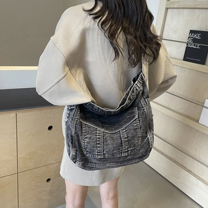 Sac bandoulière minimaliste en jean gris foncé grande capacité avec large bandoulière