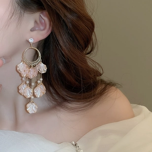 Floral tassel drop earrings with pink petals and small pearls on golden hoops for women