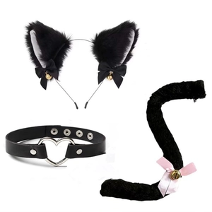 Three-piece black cat cosplay set with furry ears headband, bell collar, and plush tail