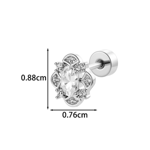 Silver flower stud earring with oval zircon stone and clear size dimensions 0.88x0.76cm