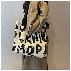 Knitted Tote Bag Large Capacity Polyester Shoulder Handbag Graffiti Letter Pattern Casual Fashion For Women