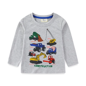 Boys Long Sleeve T-Shirt Cotton Breathable Construction Vehicle Excavator Print Casual Crew Neck Top