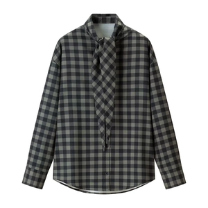 Plaid Blouse Long Sleeve Bow Tie Neck Shirt Polyester Woven Casual Regular Fit Women Elegant Office Wear