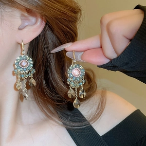 Pink crystal flower earrings with green beads and long fringe tassels in gold finish