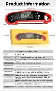 Foldable food thermometer with red ABS shell and dimensions showing 130mm steel probe