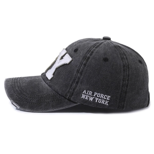 Vintage dark grey washed baseball cap with white Y embroidery and side lettering