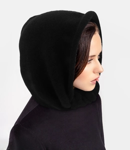 Side view of black hooded balaclava scarf showing warm thick fleece texture and snug fit
