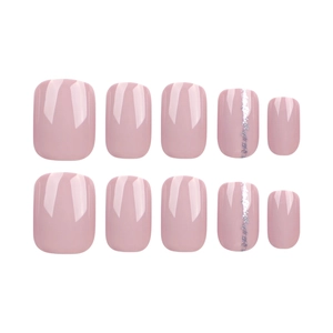 Glossy pale pink press-on nails set with two silver glitter striped accent nails