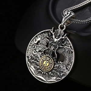 Vintage 925 sterling silver dragon pendant with golden Tai Chi Bagua symbol and chain