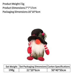 Detailed view of Christmas gnome plush with black hat and red candy cane decoration