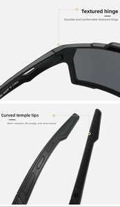 Detail of durable hinges and anti-slip curved temple tips on black sports sunglasses