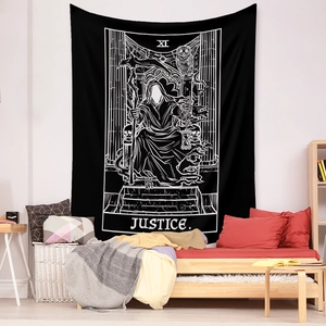 Detail of Gothic Justice Tarot wall tapestry with skull and scythe in bedroom setting