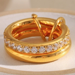 Double-layered 18K gold plated stainless steel nail ring with inlaid cubic zirconia stones