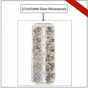 Detailed view of 12-slot storage box with 2/3/4/5mm silver flatback nail rhinestones