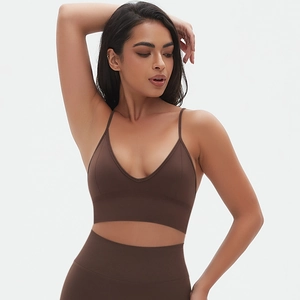 Seamless chocolate brown yoga set with deep V-neck sports bra and high-waist leggings