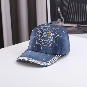 Denim Baseball Cap Rhinestone Spider Web Pattern Rivet Punk Streetwear Adjustable Hat Unisex