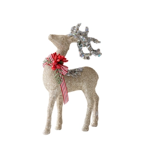 Golden glitter reindeer figurine with silver sequins and festive ribbon for Christmas decor