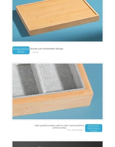 Detail view of bamboo jewelry tray showing grey flocking inlay and solid wood base