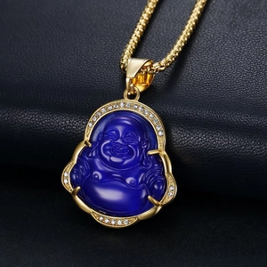 Hip hop style gold plated Buddha necklace with blue opal stone and crystals