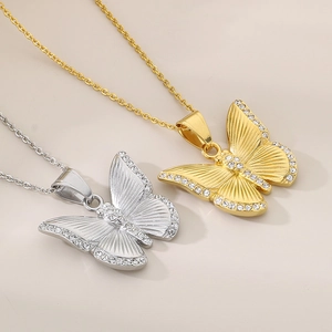 Elegant stainless steel butterfly pendant necklace with sparkling rhinestones in gold and silver