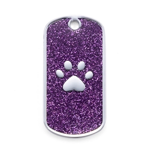 Rectangular purple glitter pet ID tag with silver paw print and metal hanging hole