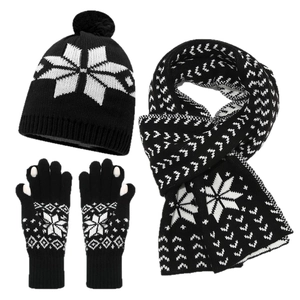 Women's 3-piece knit set with winter snowflake pattern, hat, scarf, and gloves