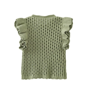 Sage green crochet knit top for women with ruffle sleeves and openwork back detail