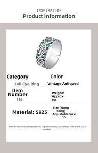 Detailed specs of adjustable S925 silver Evil Eye ring with colorful zircon stones