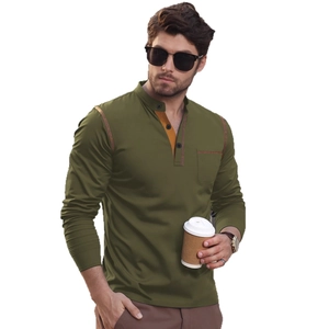 Men's olive green long sleeve polo shirt with buttons and chest pocket in casual style