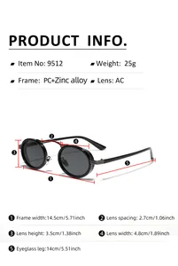 Size chart for retro punk oval sunglasses detailing frame dimensions and material specs