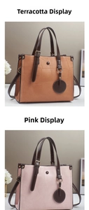 Detail view of khaki and pink tote bags showing textured leather and dual handles