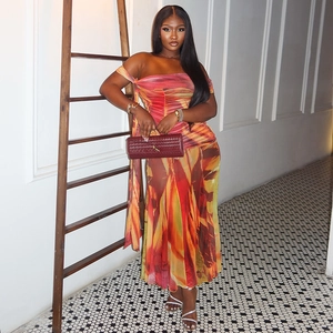 Women Off Shoulder Ruched Maxi Dress Mesh Abstract Print Bandeau Sleeveless Bodycon Vacation Long Dress