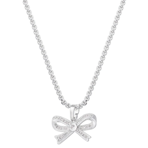 Elegant silver bow pendant necklace with sparkling white cubic zirconia on box chain