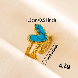 Adjustable gold stainless steel ring with blue turquoise heart and vintage engraving