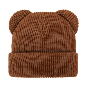 Close-up of brown knit baby hat featuring cute bear ears and vertical ribbed texture
