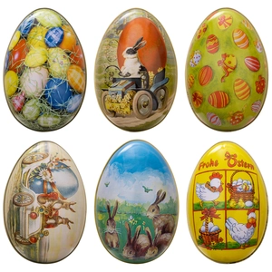 Easter tinplate egg storage boxes with vintage bunny and chicken patterns in six designs
