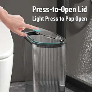 Modern grey translucent press-top trash can with vertical stripes for bathroom use