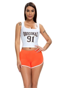 Detail of white crop tank top with Original 91 print and orange athletic shorts
