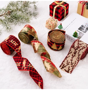 Assorted Christmas burlap wired ribbons with reindeer and berry patterns for gift wrapping