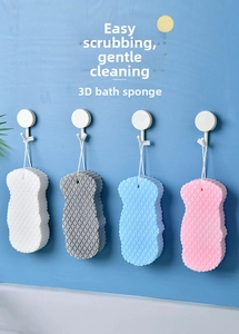 Detail of 3D bath sponges with fish scale texture and hanging ropes in four colors