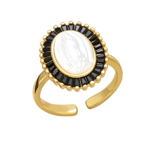 Vintage Goldring mit Maria-Relief, ovaler Form und schwarzer Edelsteinumrandung