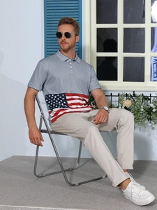 Detail of grey men's polo shirt featuring a USA flag print and buttoned lapel