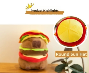 Detail showing capybara plush toy with a creative burger hat and soft texture