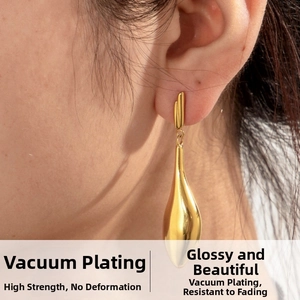 Macro view of gold teardrop earrings with polished mirror finish on female model