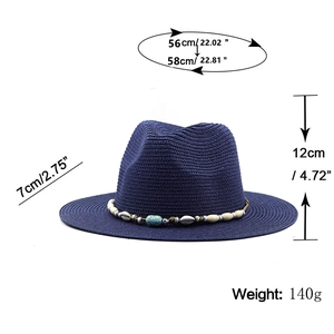 Dark blue straw fedora sun hat for women with shell band and dimension specifications
