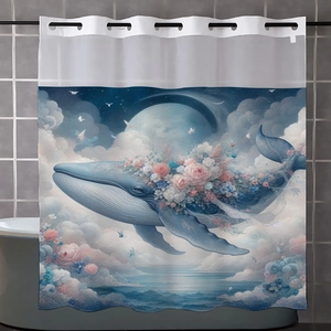 Detail view of reinforced metal eyelets on artistic blue whale polyester shower curtain